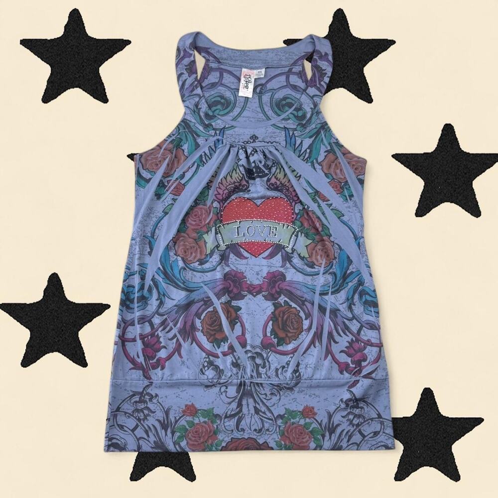 ★ Y2K Tattoo Print “Love” Rhinestone blouse ★